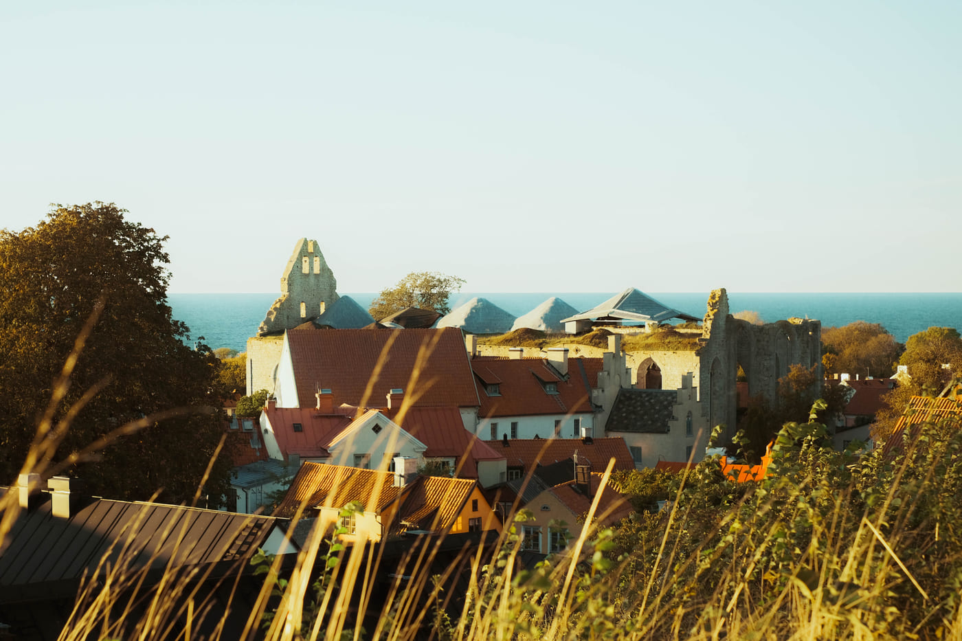 Rooftops and medieval church ruins of Visby overlooking the Baltic Sea in golden evening light
