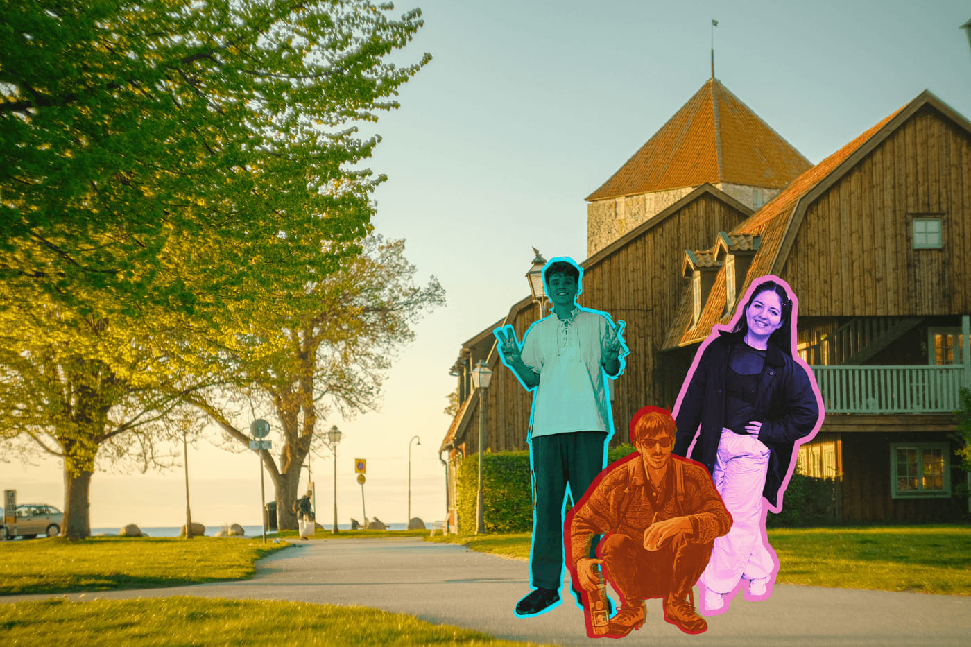 The three members of Papelon Studio, cut out and tinted in cyan, red and pink, standing in front of a wooden building in Visby
